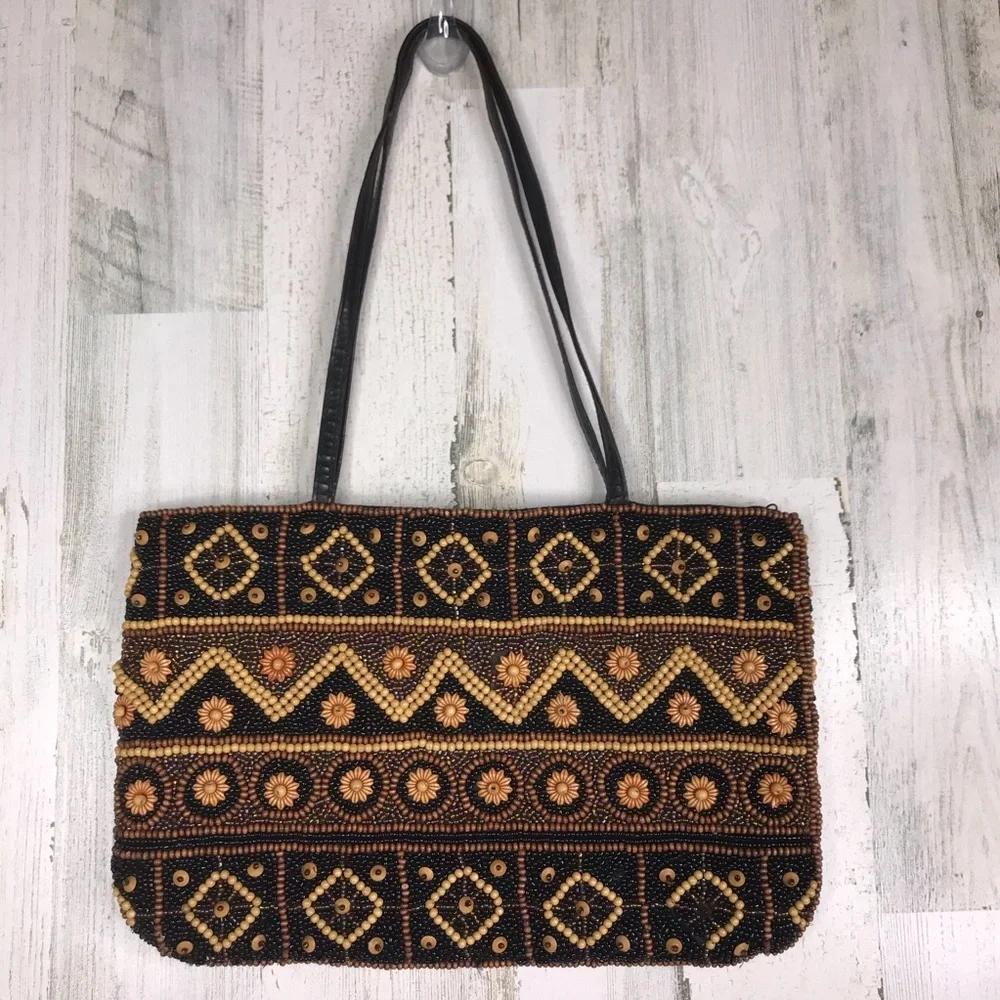 beaded double leather handle shoulder bag - Picture 4 of 7